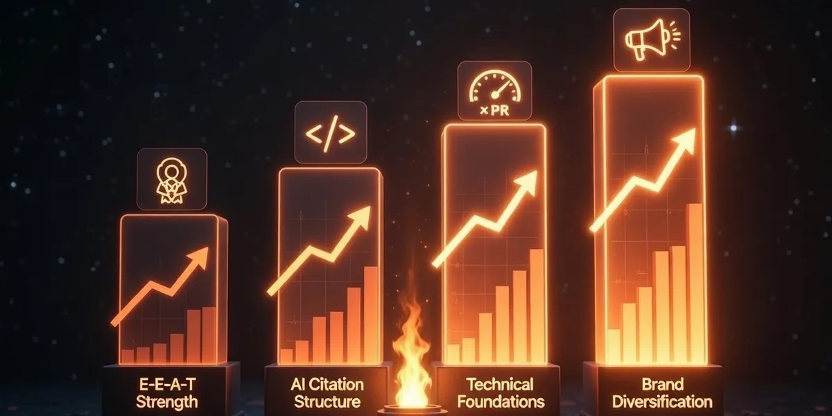 Data-Backed Strategies for SEO & GEO Success 2026 – Checklist of E-E-A-T, structured content, technical foundations, brand diversification, illuminated by torch light on futuristic dashboard with green checkmarks and upward trends