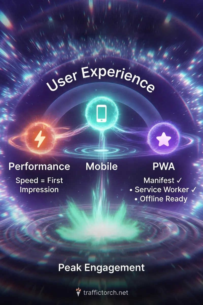 UX Flow Reactor Infographic – Performance, Mobile, PWA as energy cores powering peak engagement