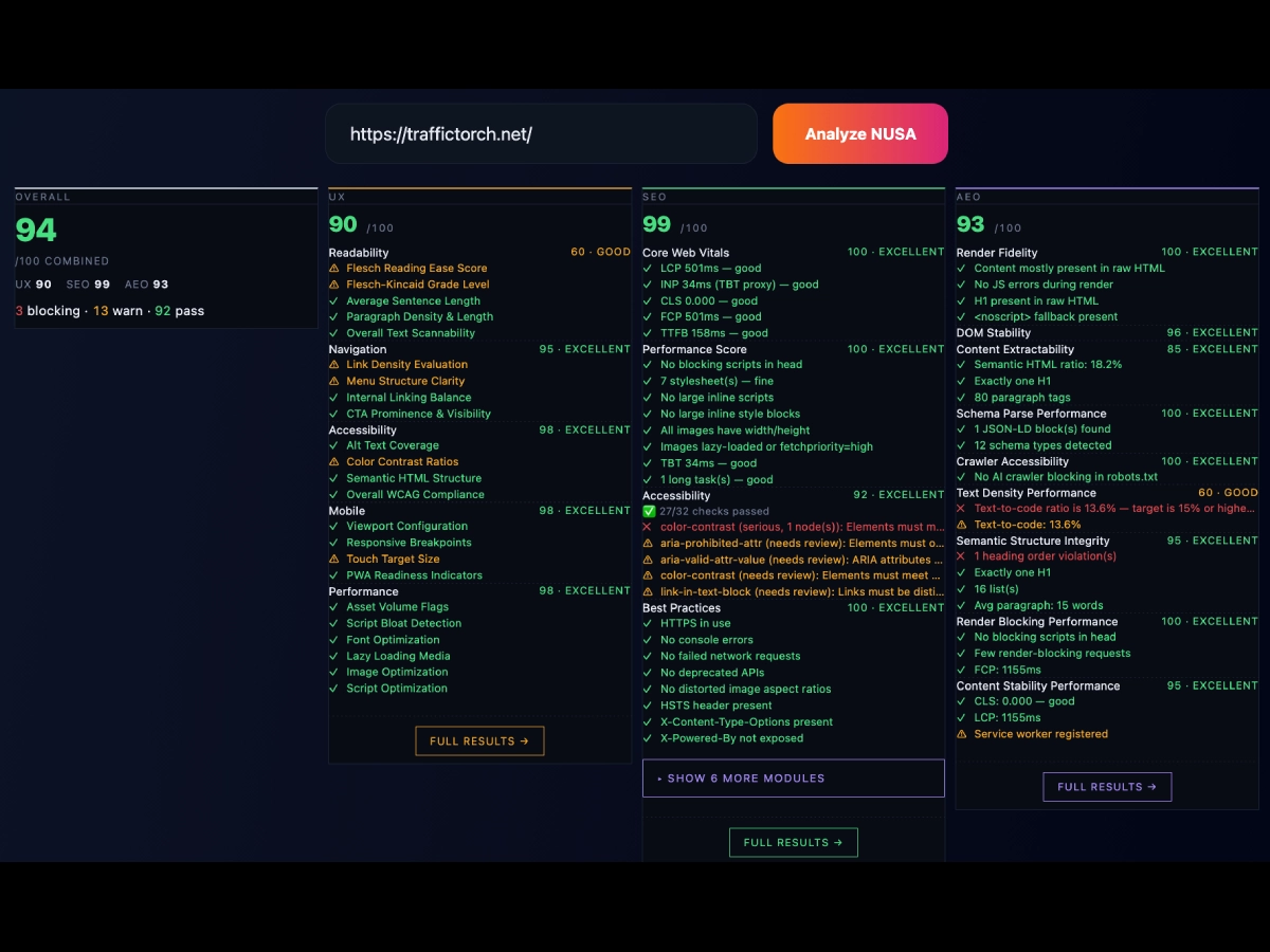 NUSA audit dashboard showing live fix list streaming next to an HTML preview panel