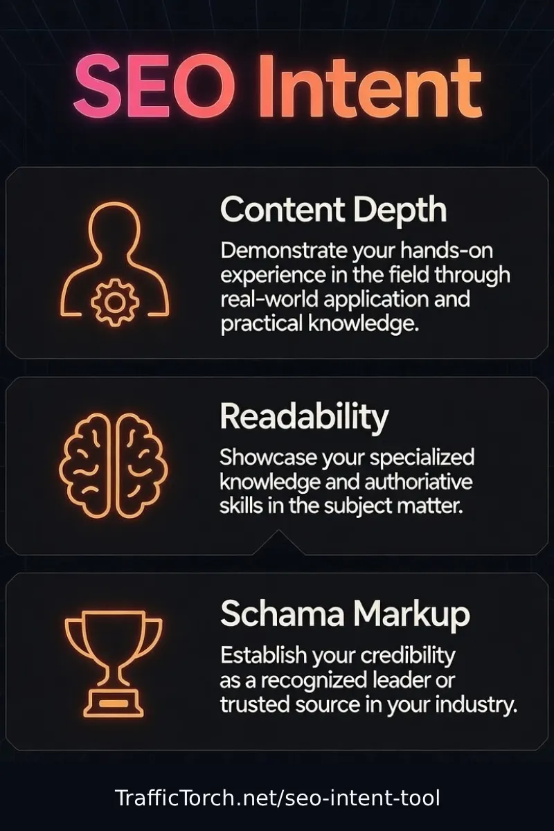 SEO Intent Journey Infographic – Vertical flow from Content Depth → Readability → Schema Markup