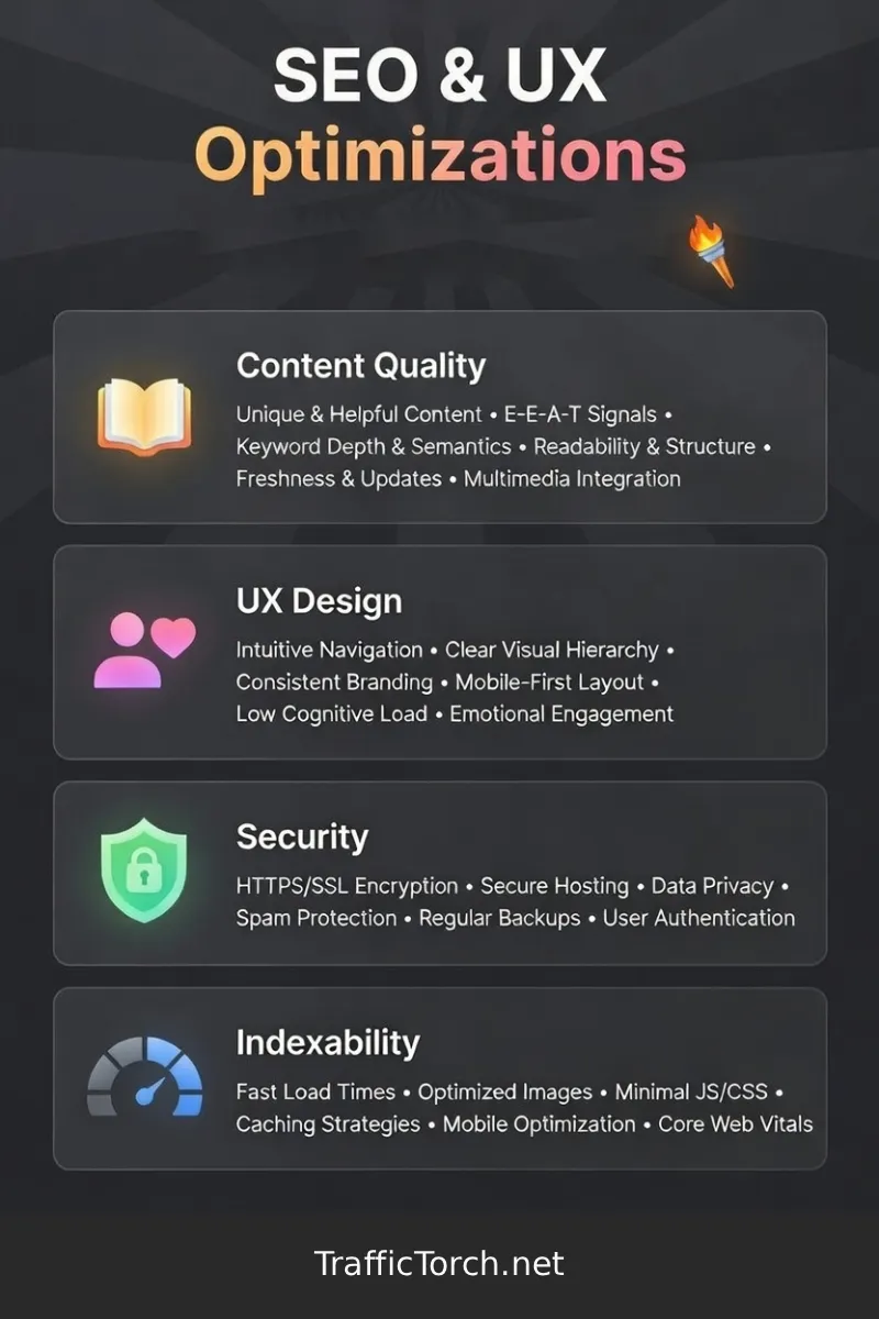 SEO & UX Optimizations Infographic – Content Quality, UX Design, Security, Indexability